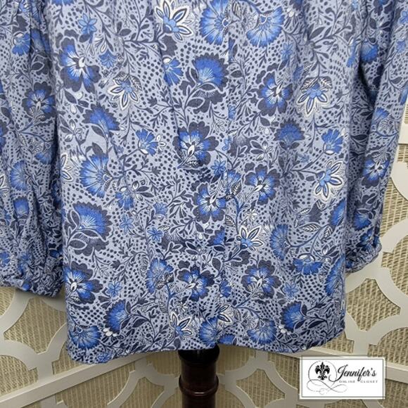 St. John's Bay Blue Floral Split Neck Balloon Sleeve Peasant Blouse Size L - Picture 6 of 12